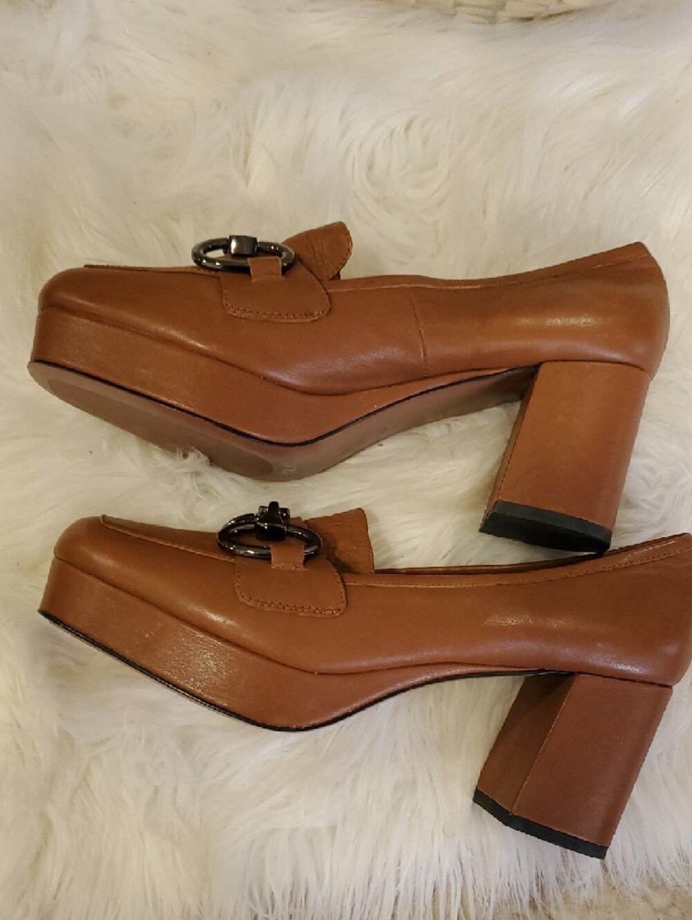 Anthropologie Bibi Lou Women's Tan Leather Platform  Loafers with Metal Bit - Picture 12 of 17
